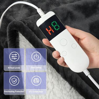 Електрична ковдра Qieryun з автовимкненням, 130x180 см, 10 температурних режимів, таймер 8 годин, захист від перегріву, флісова, для дому та офісу, темно-сіра