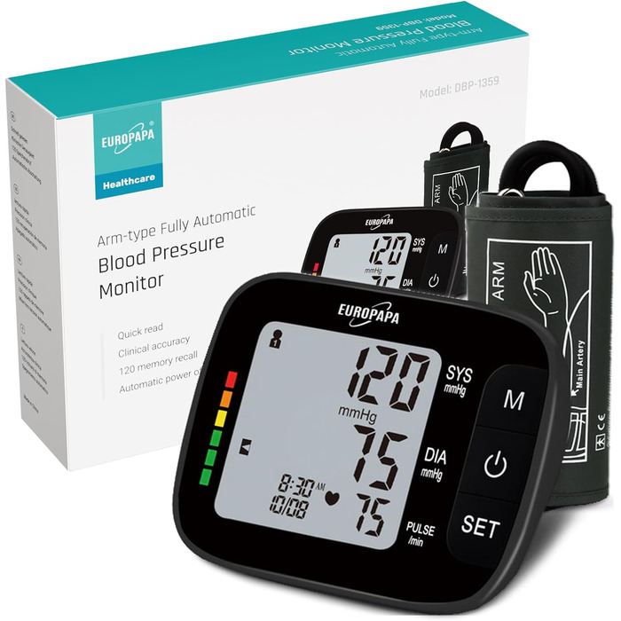 Тонометр EUROPAPA на плече для дому, вимірювання пульсу та артеріального тиску, велика манжета (22-42 см), 2 * 60 пам'ять, для 2 користувачів (чорний)