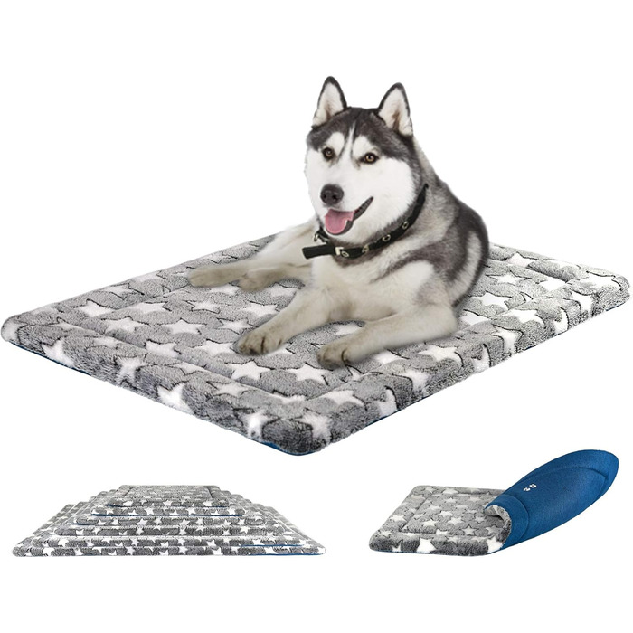Круглий килимок для собак KROSER Fancy Crate Pad, двосторонній (холодний та теплий), машинне прання, для собак маленьких та XXX-Large, сірий, темно-синій, зірковий принт (106 x 71 x 3 см)