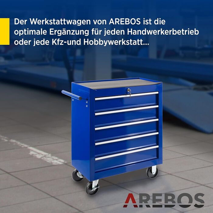 Майстерня на коліщатах Arebos з 5 ящиками, з центральним замком, кулькопідшипники, антиковзаючі килимки, 2 колеса з гальмом (Блакитний)