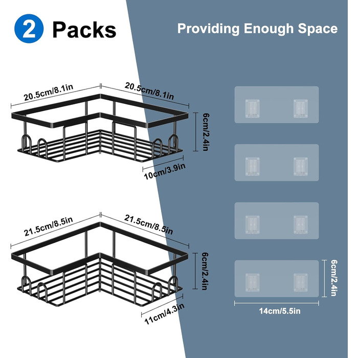 Набір кутових поличок для душу без свердління, водонепроникні, з нержавіючої сталі (3+2 шт, чорний)