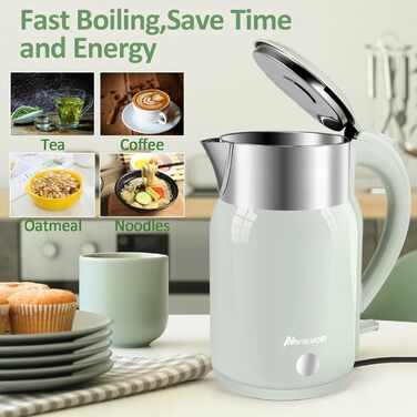 Navie Mobi Stainless Steel Electric Kettle - 1.8L, 2200W Fast Boiling, BPA-Free, Double-Walled, Drip-Free, Auto Shut-Off, Quiet & Cordless, SGS Certified, Turquoise Green