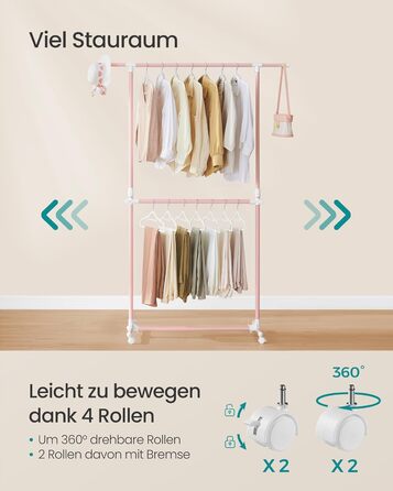 SONGMICS Clothes Rack with 2 Clothes Rods, Extendable Clothes Rail, with Wheels, Coat Rack, Height Adjustable between 113 and 180 cm, Lower Rod Adjustable, Pastel Pink LLR401R01