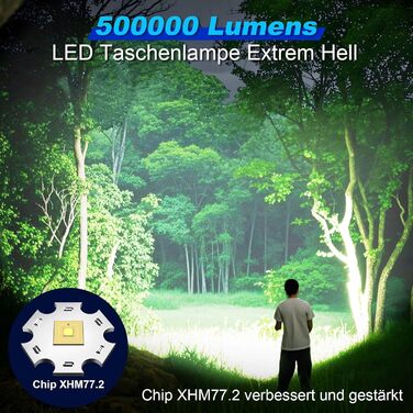 LED ліхтар на батареї, 500 000 люмен, тактичний, з регулюванням фокусу, для кемпінгу, матовий чорний