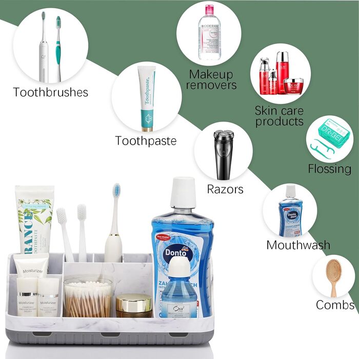 Тримач для зубних щіток у ванну кімнату: органайзер для електричної зубної щітки та пасти, 7 відділень, сірий мармур