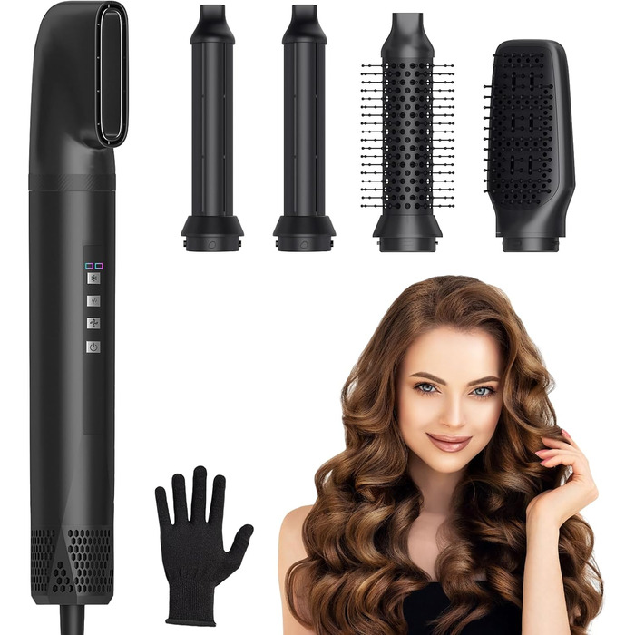 Набір для укладання Journeyside Airstyler: професійна щітка з гарячим повітрям 1000W, 5 насадок, автоматична завивка, випрямляч, для створення об'єму, локонів та випрямлення (чорний)