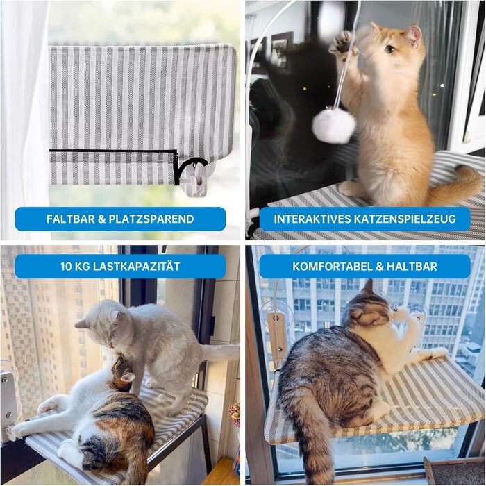 Кігтеточка-ліжко для котів на вікно, гамак з міцними присосками до 18 кг, знімний та перевертаний чохол, складана та стабільна (смужки, L)