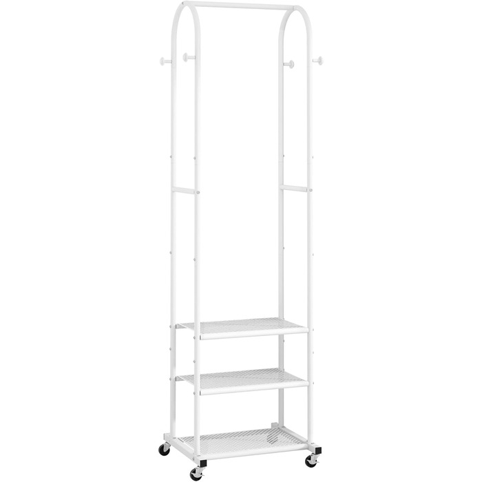 Robust clothes rack with wheels, modern clothes rack with 3 metal shelves, 180 cm display rack for hanging clothes, garment rack for small spaces, (White/Opulent Garden)