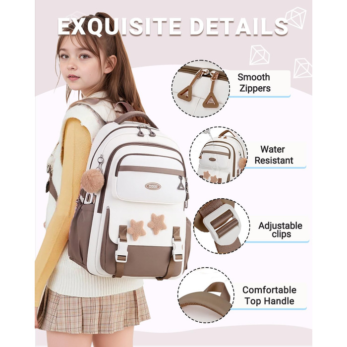 Дитячий рюкзак для дівчаток Kinderrucksack, 18L, 2-7 клас, легкий, з дихаючою спинкою та м'якими лямками, для школи, підлітки 7+ років, колір кавовий