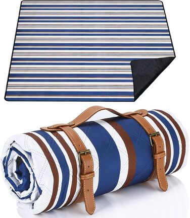 Пікнік-покривало 200x200 см Boho, водонепроникне, велике, переносне, пране, ізоляційне, з ручкою, для пляжу, парку, кемпінгу, синє з білим