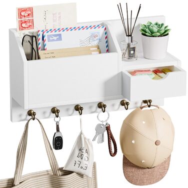 Настінна органайзер для ключів з 6 гачками та шухлядою, дерев'яний, для дому, офісу (білий)