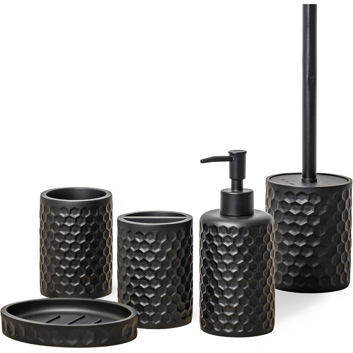 ZCCZ Bathroom Set – 5-Piece Organizer Set with Toilet Brush, Toothbrush Holder, Soap Dispenser, Soap Dish – Stylish Décor with Geometric Hexagon Pattern in Black for Modern Bathroom