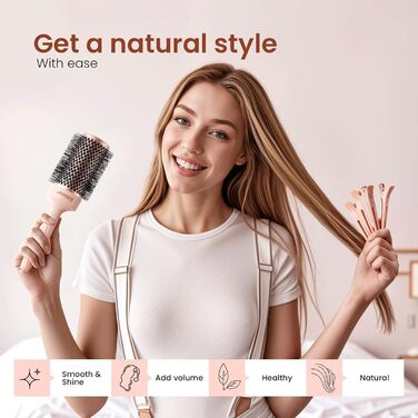 Кругла щітка для укладання волосся AIMIKE ROSE LUXE з іонними щетинками, 53 мм