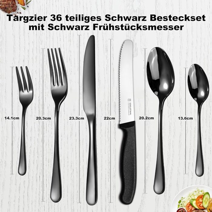 Набір столових приборів на 6 осіб, Targzier, 36 предметів, нержавіюча сталь, з ножами для стейка, преміум-якість, для сім'ї/вечірки/готелю, чорний колір, придатний для миття в посудомийній машині