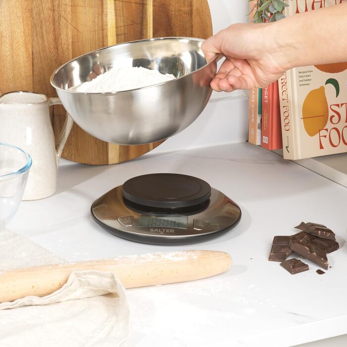 Кухонні ваги Salter з мискою - ваги для вимірювання рідини, 5 кг, 2 л, нержавіюча сталь, LCD-дисплей, для випічки та приготування їжі