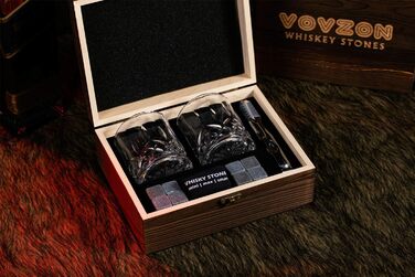 Whiskey Stones Gift Set for Men - 8 Whiskey Scotch Bourbon Chilling Stones, 2 Whiskey Glasses in Wooden Box - Christmas/Father's Day/Birthday/Gift for Dad Papa Friend