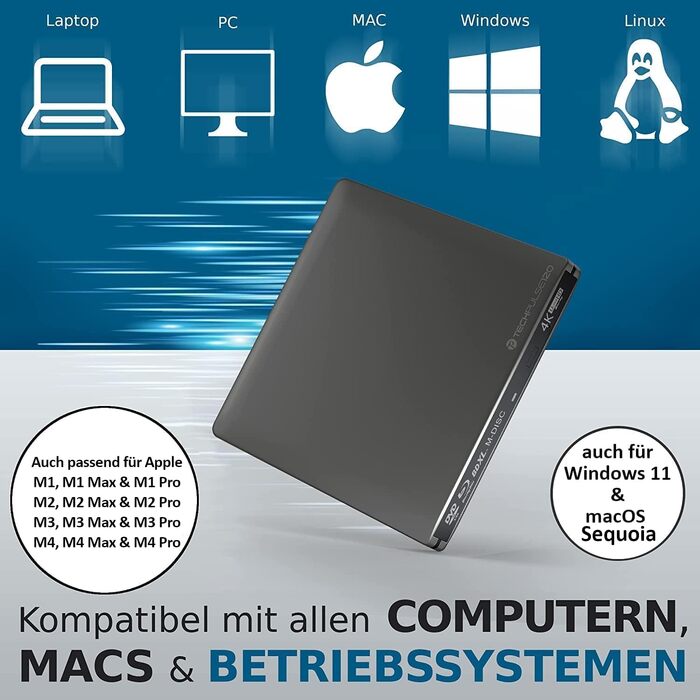 Зовнішній Blu-ray привід techPulse120 UHD 4K 3D M-Disc BDXL USB 3.0 та USB-C, DVD/CD записувач для ноутбука та ПК, Windows/Mac OS, алюміній, сірий