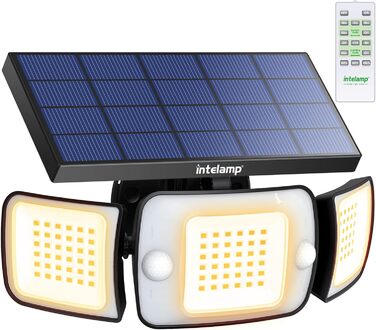 INTELAMP Solar Lights for Outdoors with Motion Sensor, 6000 mAh Solar with Remote Control, 1200LM, 270° Wide-Angle Solar Lights, IP65 Waterproof for Porch and Garage (1 Piece - Warm Light)