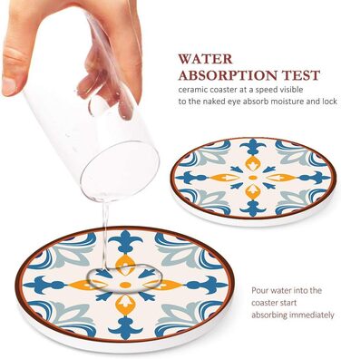 Drink Coasters 6-Piece Set, Geometric Tribal Boho Blue Red Absorbent Round Ceramic Stone Mat with Cork Bottom and Metal Holder, Housewarming Gift Bar Decor (Talavera Tile)