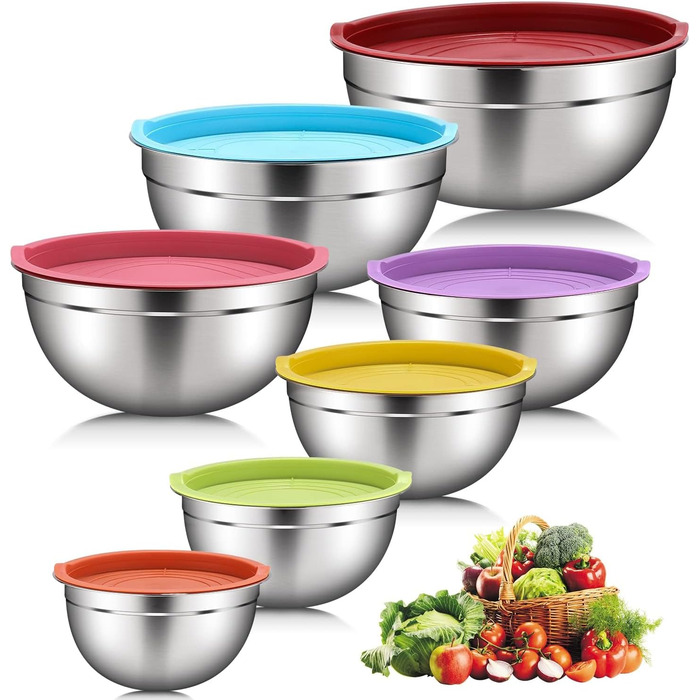 Set of 7 stainless steel bowls with colorful lids, mixing bowls, salad bowls, stackable for minimal storage, essential cooking, kitchen utensils