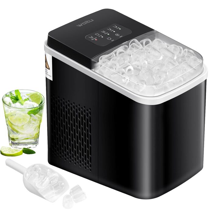 WOLTU Compact Ice Cube Maker Machine - Fast Ice Production (8 Cubes/6-8 Min) - 12kg/24h Capacity - Portable with Handle - Self-Cleaning - 2 Sizes - Ice Maker for Home, Camping, Office (1.4L, Black)