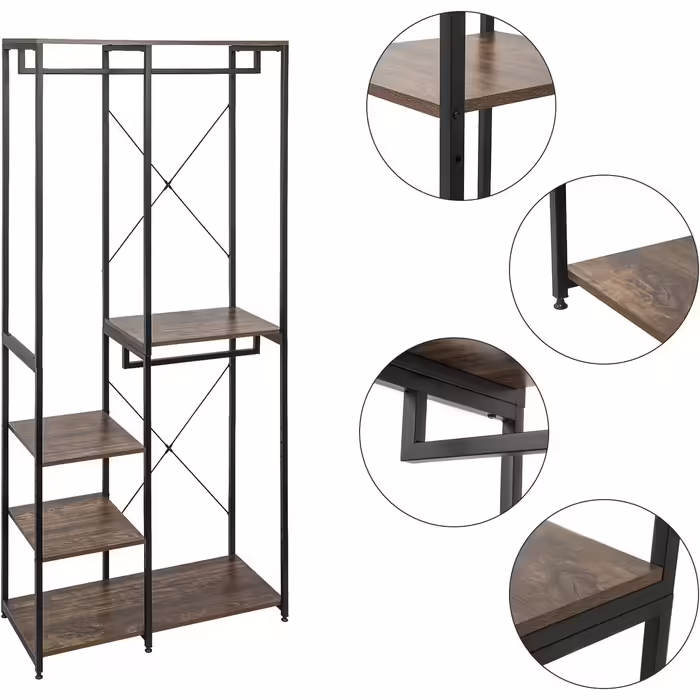 Clothes Rack Laundry Rack Coat Rack Hanging Shelf with Shoe Shelf Wood Metal Black Pipes and Vintage Plate
