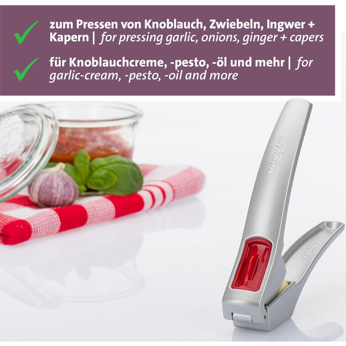 Прес для часнику Westmark з великою камерою та елементом для чищення, 16.2 см, алюміній/пластик, срібно-червоний, 30082260 Josie