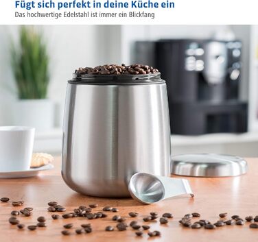 Stainless Steel Coffee Canister 500g (airtight stainless steel canister including magnetic measuring spoon in the lid, anti-fingerprint coffee container, coffee box for storing 500g of ground coffee/beans) silver