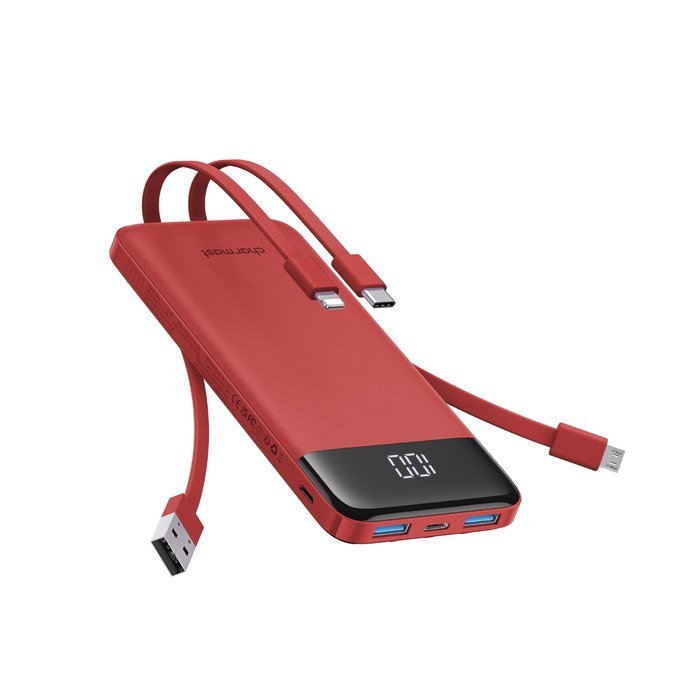 Powerbank Charmast 10000mAh з вбудованими кабелями, 6 виходів, 3 входи, USB-C, для iPhone, iPad, Samsung, червоний