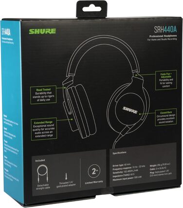 Навушники Shure SRH440A Over-Ear для моніторингу та запису, професійні студійного класу, розширений частотний діапазон (2022)