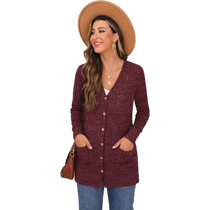 Жіночий в'язаний кардиган Grecerelle з довгими рукавами, V-подібним вирізом, з кишенями та ґудзиками, бордовий, осінь, м'який, елегантний, трикотажний