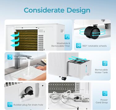 EUHOMY Електричний осушувач повітря 12л/24г, тихий та енергоефективний, з відведенням води, автоматичним розморожуванням, 3 режими, для квартири 25м²/122м³, спальні, підвалу (4500 кв.фт)
