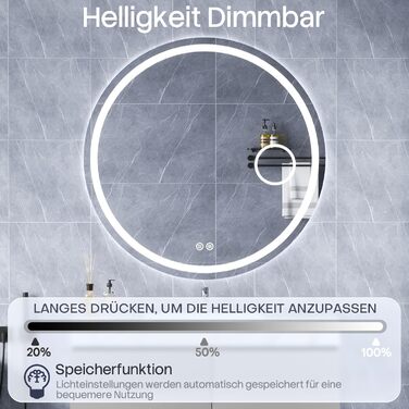 Дзеркало для ванної кімнати HySail з підсвічуванням, 5 мм, висока роздільна здатність, срібне покриття, 3 колірні температури та регульована яскравість, настінне дзеркало з сенсорним вимикачем та антизапарюючим покриттям, кругле (3 кольори + регулювання +