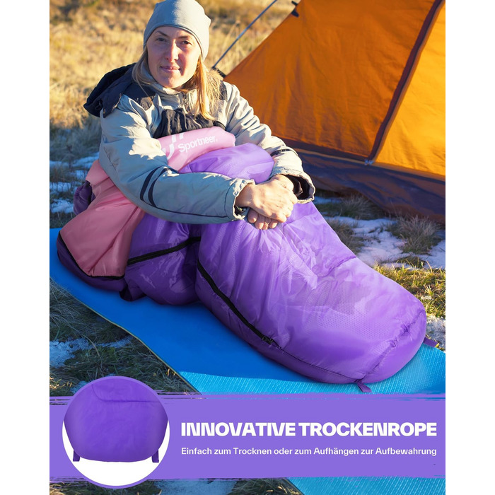 Сплячий мішок Sportneer - компактний та ультралегкий (950г/1500г) - кокон для кемпінгу, подорожей та відпочинку на природі. Підходить для чоловіків, жінок та дорослих (Рожевий, літній)