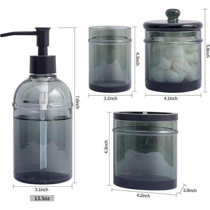 4-piece glass bathroom accessory set with decorative pressed pattern, including soap dispenser, tumbler, soap dish, and toothbrush holder, Blue-Green (Gray)