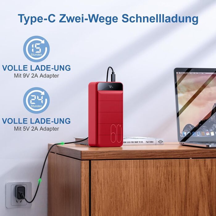 Powerbank 60000mAh з LED-дисплеєм, 22.5W PD, 4 виходи та 3 входи, сумісний з iPhone, Android та іншими пристроями (червоний)