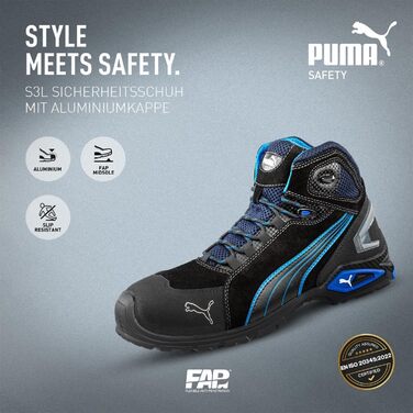 Робоче взуття PUMA Safety Rio Black Mid S3 SRC - чоловічі чорні черевики для роботи з металевим носком, антипробуксовні, 46 EU