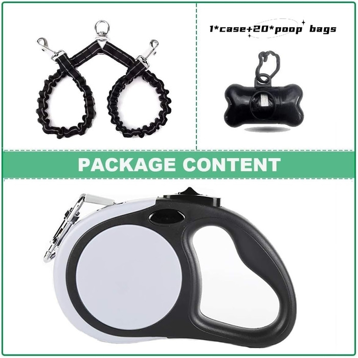 Висувна повід для 2 маленьких собак (до 20 кг кожна), 4.8 м, повід з мішками для екскрементів, неслизька ручка, одномісне управління, 360 градусів без переплетень, сірий, розмір M