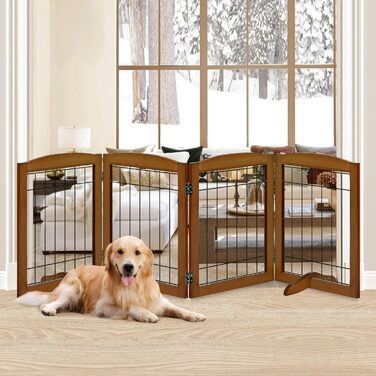 Дерев'яне перегороджувальне ґратка для собак, 4 панелі, широке, 76,2 см, розкладне, бар'єр для тварин, з підставками, масивне тверде дерево та сталевий дріт, захисне ґратка для дверей, коридорів, 76 см висота
