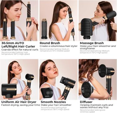 UKLISS Airstyler Multistyler 7 в 1: фен-щітка, локон, випрямляч, турбіна, 1400W, турбіна, 3 режими температури, 30 мм, турбіс