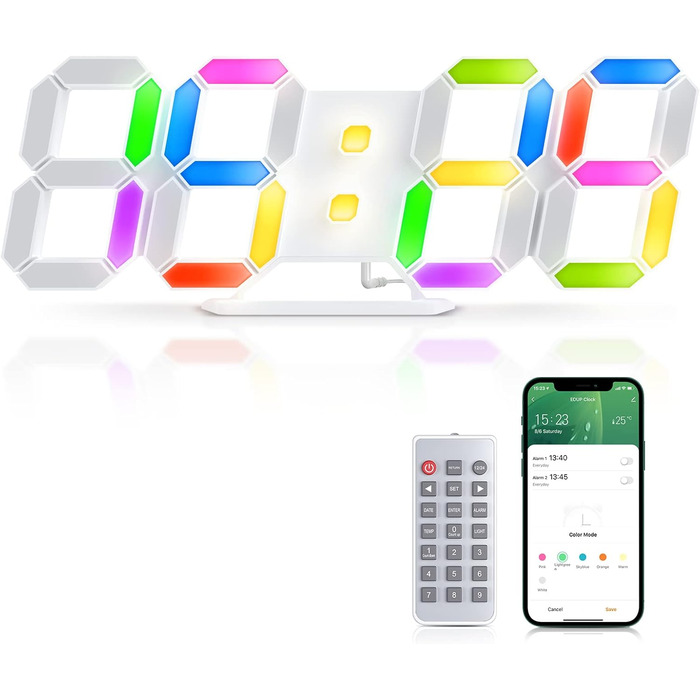 EDUP HOME 3D LED Alarm Clock Digital, 9.7 Inch 7 Colors Silent Snooze USB 12/24 Hour Date Temperature with RGB, APP Control and Remote Control Clock for Bedroom/Living Room/Office