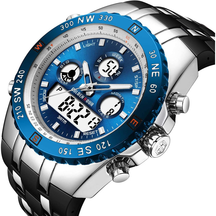 Чоловічий військовий спортивний годинник: цифрові, аналогові, з датою, будильником, світосвітністю, секундоміром. Великий годинник для чоловіків (Blue B)