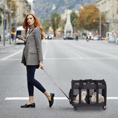 Транспортна переноска для котів та собак з подвійним відділенням, знімною перегородкою та колесами, чорна, L