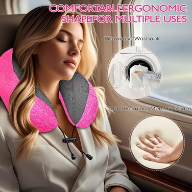Подушка для шиї у літак - подушка для подорожей 100% Memory Foam - портативна подушка для літака - з 3D-маскою для сну та берушами - ідеальна для крісла літака, авто, дому, офісу, подушка для сну (Рожева)
