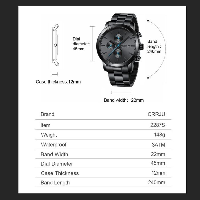 Чоловічий годинник CRRJU з хронографом, сталевий браслет, водонепроникний, чорний, з датою, аналоговий кварцовий годинник для бізнесу, чорно-синій