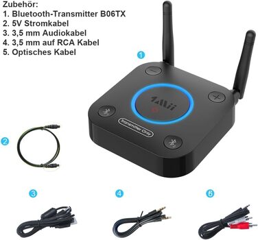 1Mii B06TX Bluetooth 5.2 Передавач для ТВ з aptX HD та низькою затримкою, велика дальність дії, аудіоадаптер для 2 навушників або динаміків, 3,5mm AUX/Оптичний/Коаксіальний вихід, регулювання гучності