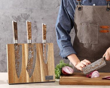Magnetic knife block made of solid acacia wood, 3.80 cm thick, with a stainless steel base, magnetic knife holder for up to 6 knives, wooden knife storage, kitchen knife block without knives