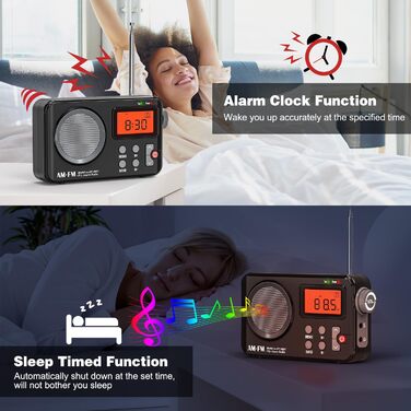 Радіо Tenda FM/UKW/AM з великим дисплеєм, таймером та будильником - транзисторне радіо з живленням від USB/батареї, чорне