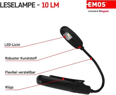 LED лампа EMOS для читання з кліпсою - 10 лм, до 7 м - 2 режими, 35 год, акумулятор (AAA), для внутрішнього та зовнішнього використання, чорна