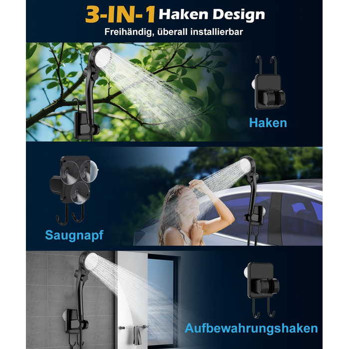 Портативна душова кабіна WADEO з акумулятором, насосом та підсвічуванням, 120 хвилин роботи, LED-підсвічування, комплект мобільної душової з 2м шлангом, душовою насадкою, тримачем та відром для душу, для саду, миття авто, тварин, пляжу, подорожей, чорного